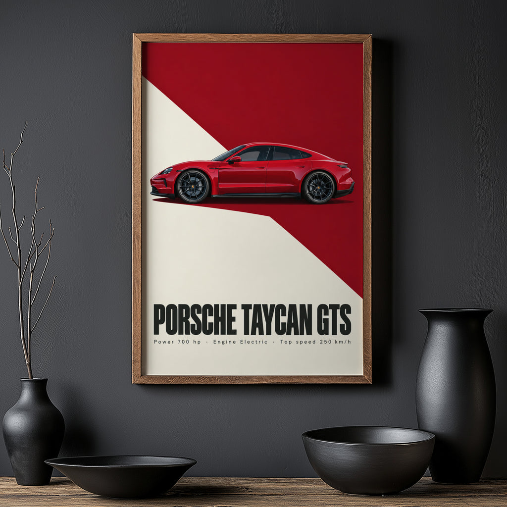 Vintage Porsche Taycan GTS Print, Car Poster, Red Wall Art
