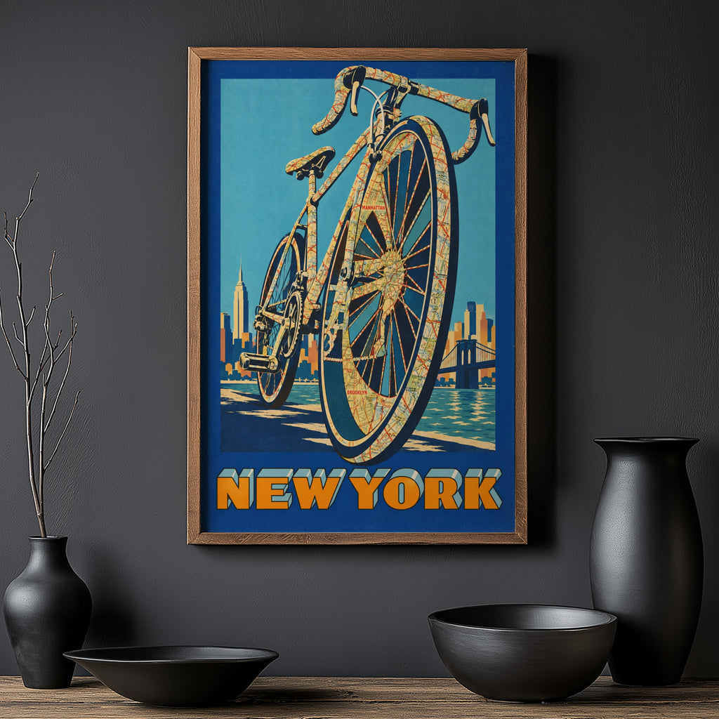 Vintage New York Bike Poster, Cycling Wall Art, Map Print