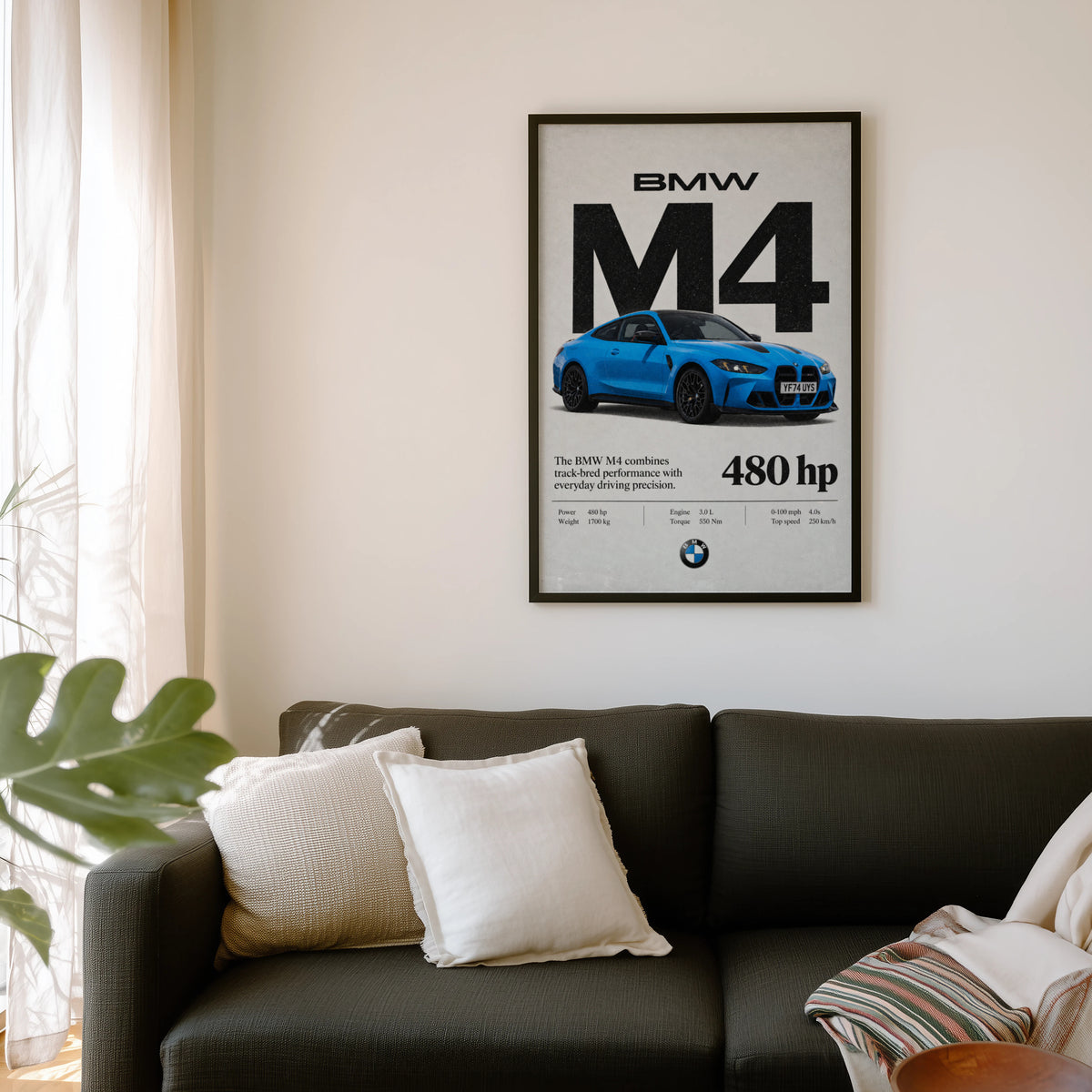 Vintage BMW M4 Print, Blue Coupe Wall Art