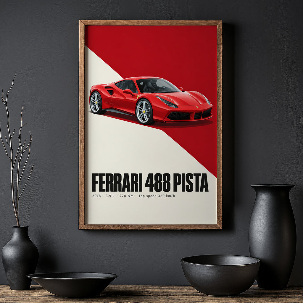 Vintage Ferrari 488 Pista Print, Supercar Wall Art