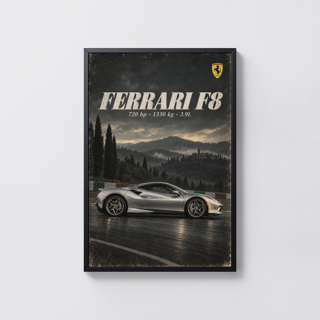 Vintage Ferrari F8 Print, Supercar Wall Art