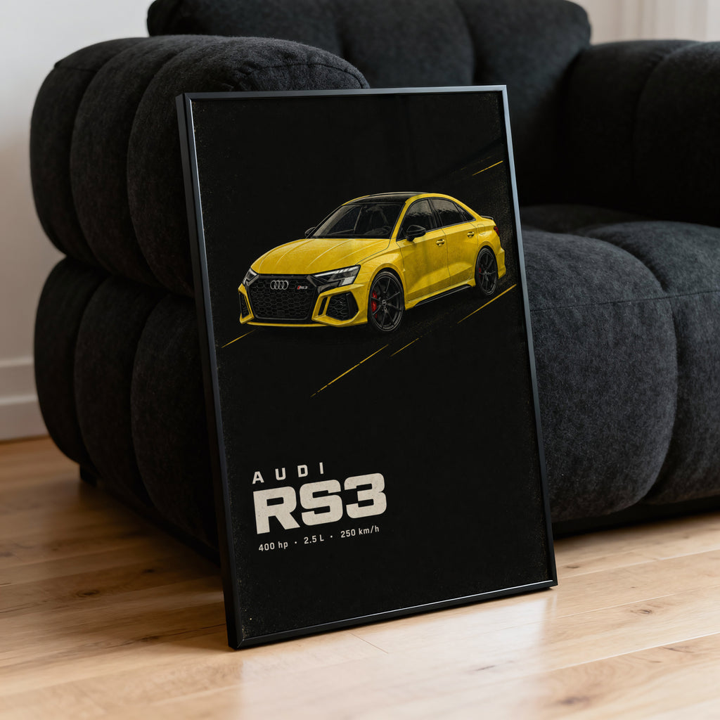 Vintage Audi RS3 Print, Yellow Car Wall Art
