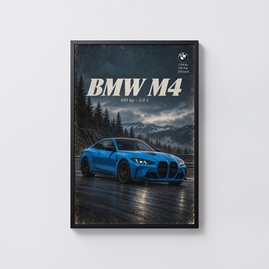 Vintage BMW M4 Print, Blue Coupe Car Wall Art