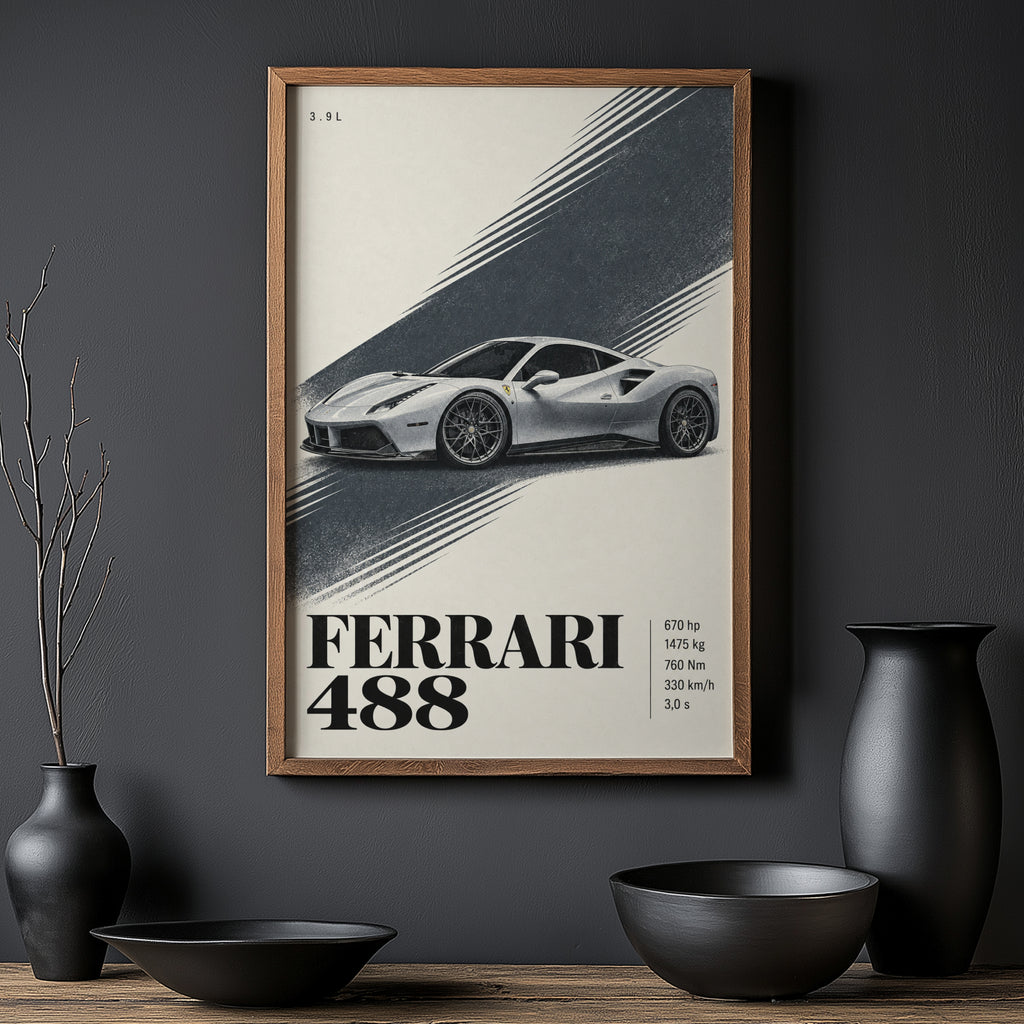 Vintage Ferrari 488 Print, Supercar Poster Wall Art