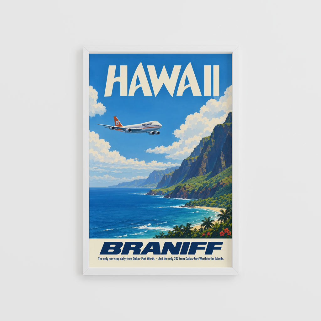 Vintage Hawaii Poster, Braniff 747 Wall Art, Airline Print