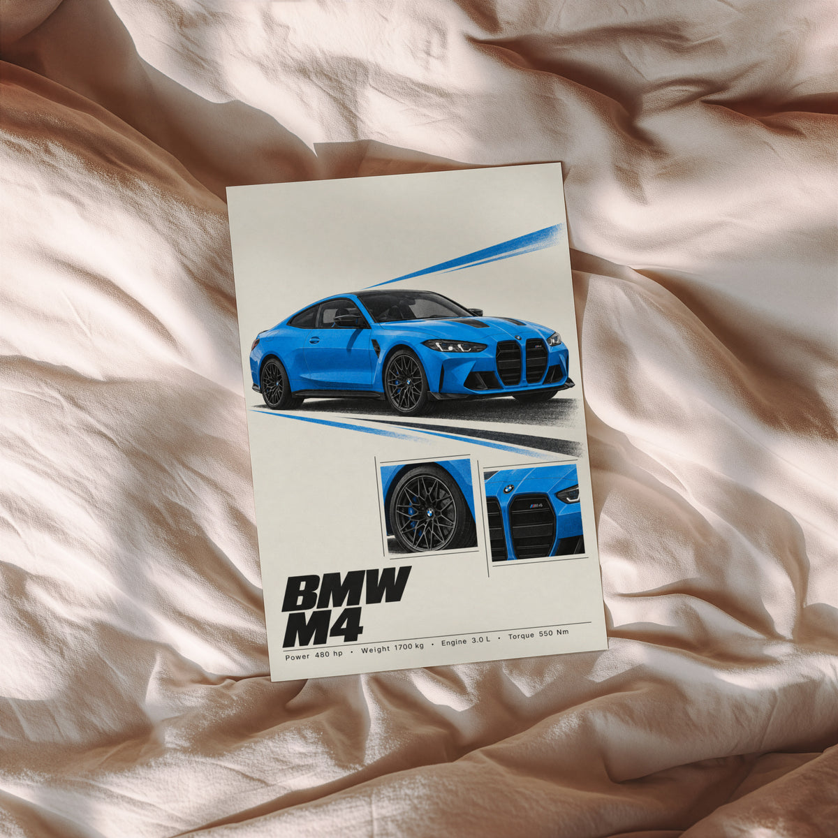 Vintage BMW M4 Print, Blue Car Wall Art