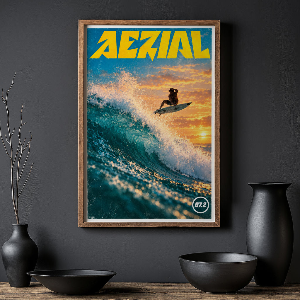Vintage Aerial Surf Print, Surfing Poster, Sunset Wave