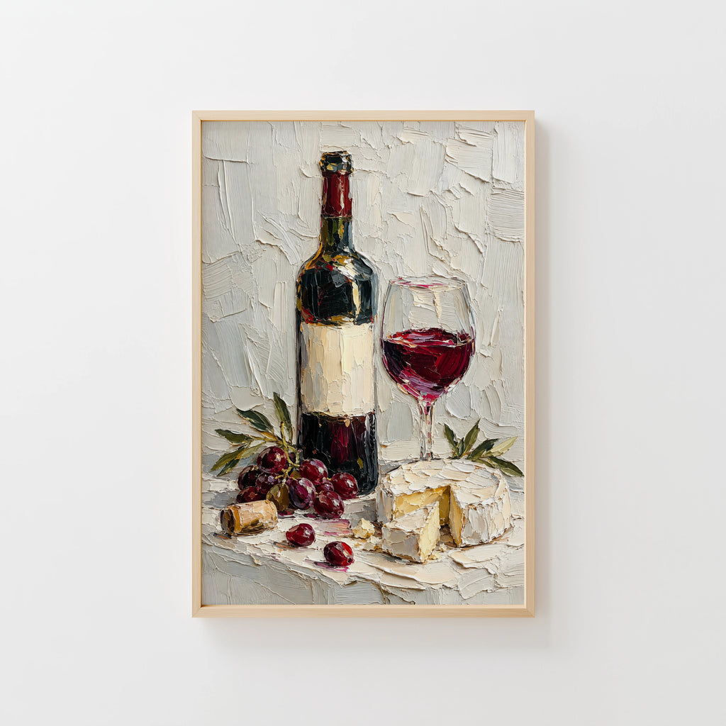 Vintage Wine Print Poster, Red Wine & Cheese Wall Art