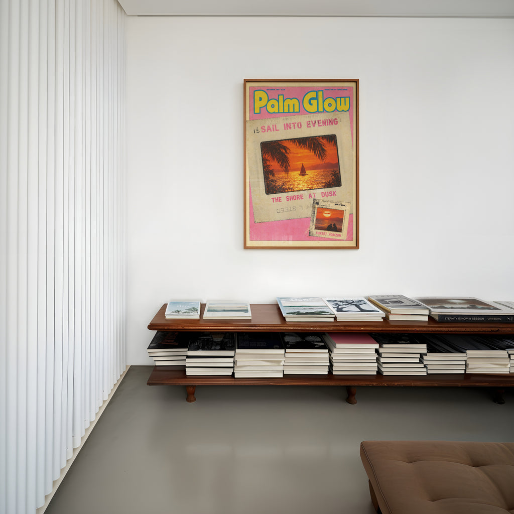 Vintage Palm Glow Print and Poster, Sunset Sailboat Art