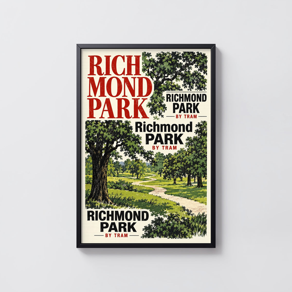 Vintage Richmond Park Poster, England Wall Art, Tram Print