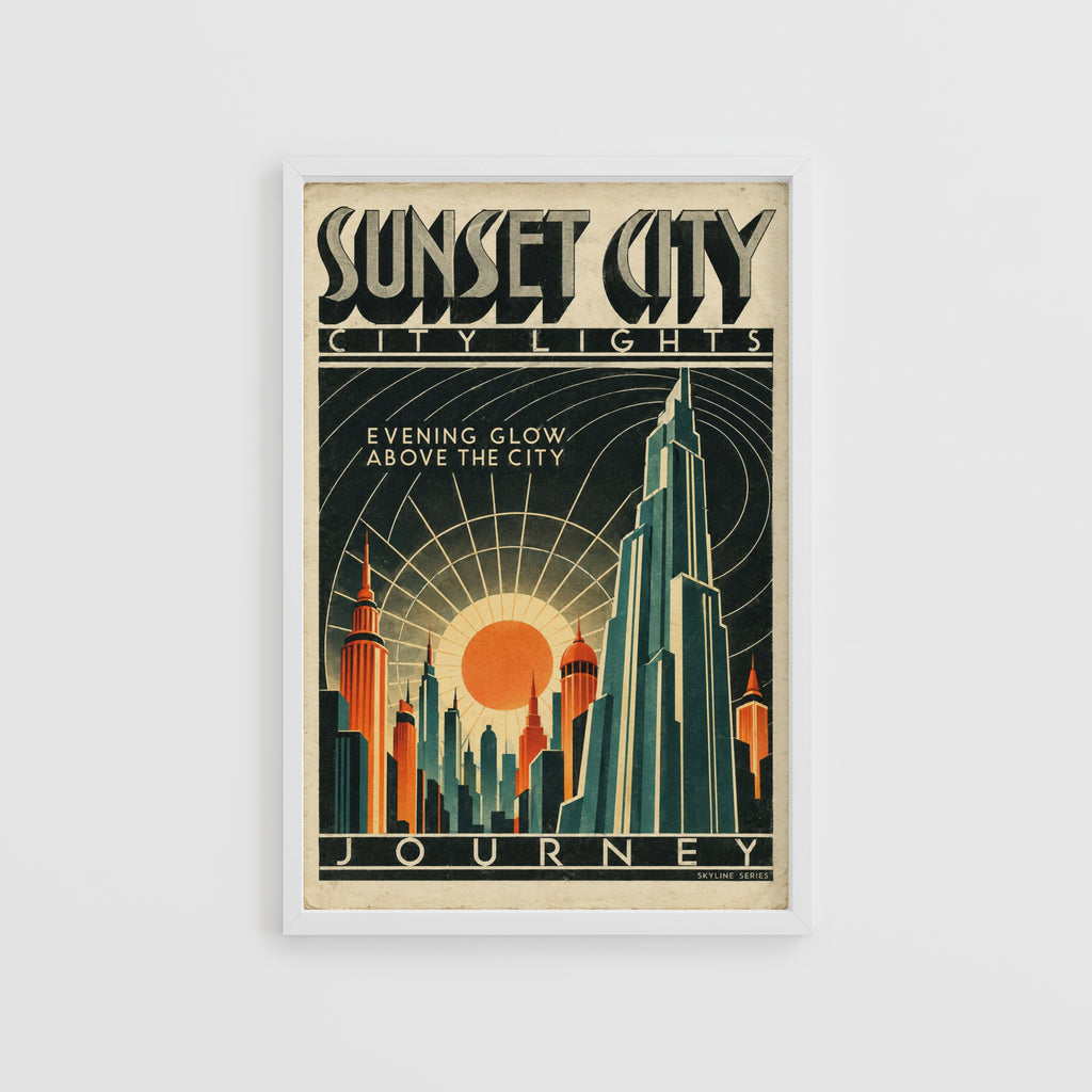 Vintage Sunset City Poster, Art Deco Skyline Print