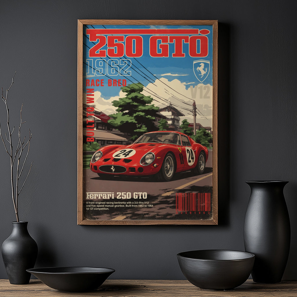 Vintage 1962 Ferrari 250 GTO Print, Classic Race Car Poster