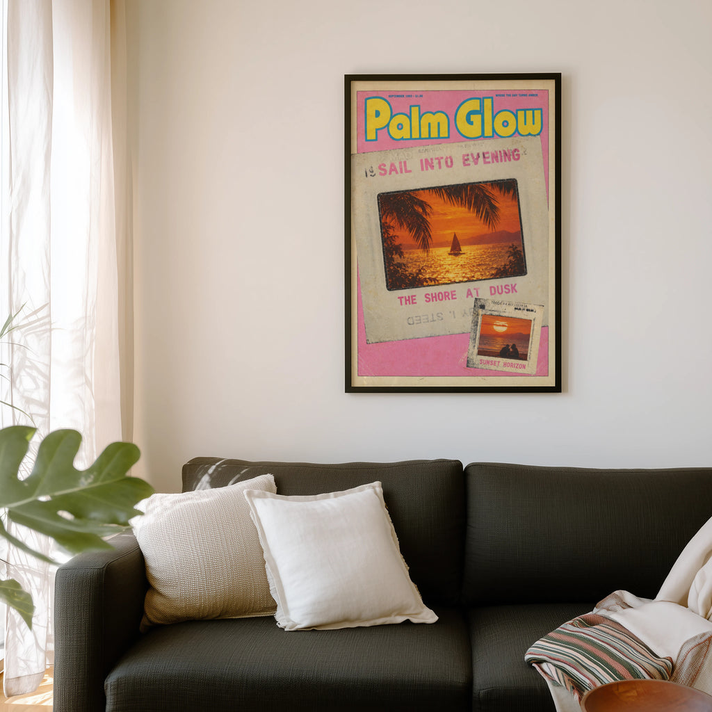 Vintage Palm Glow Print and Poster, Sunset Sailboat Art