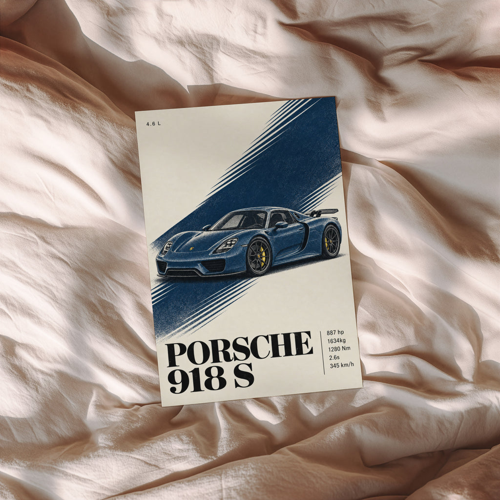 Vintage Porsche 918 S Print, Blue Car Wall Art