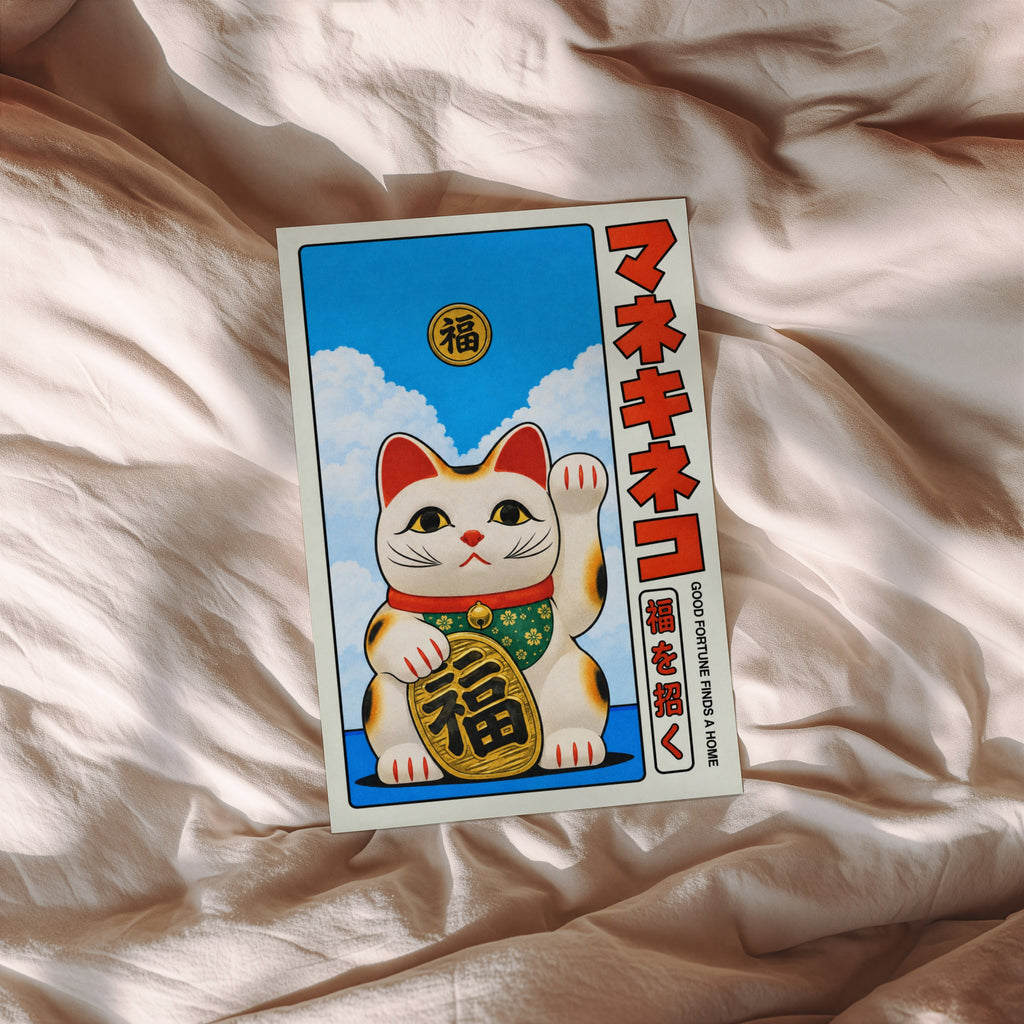 Vintage Maneki Neko Cat Print, Japanese Lucky Cat Poster