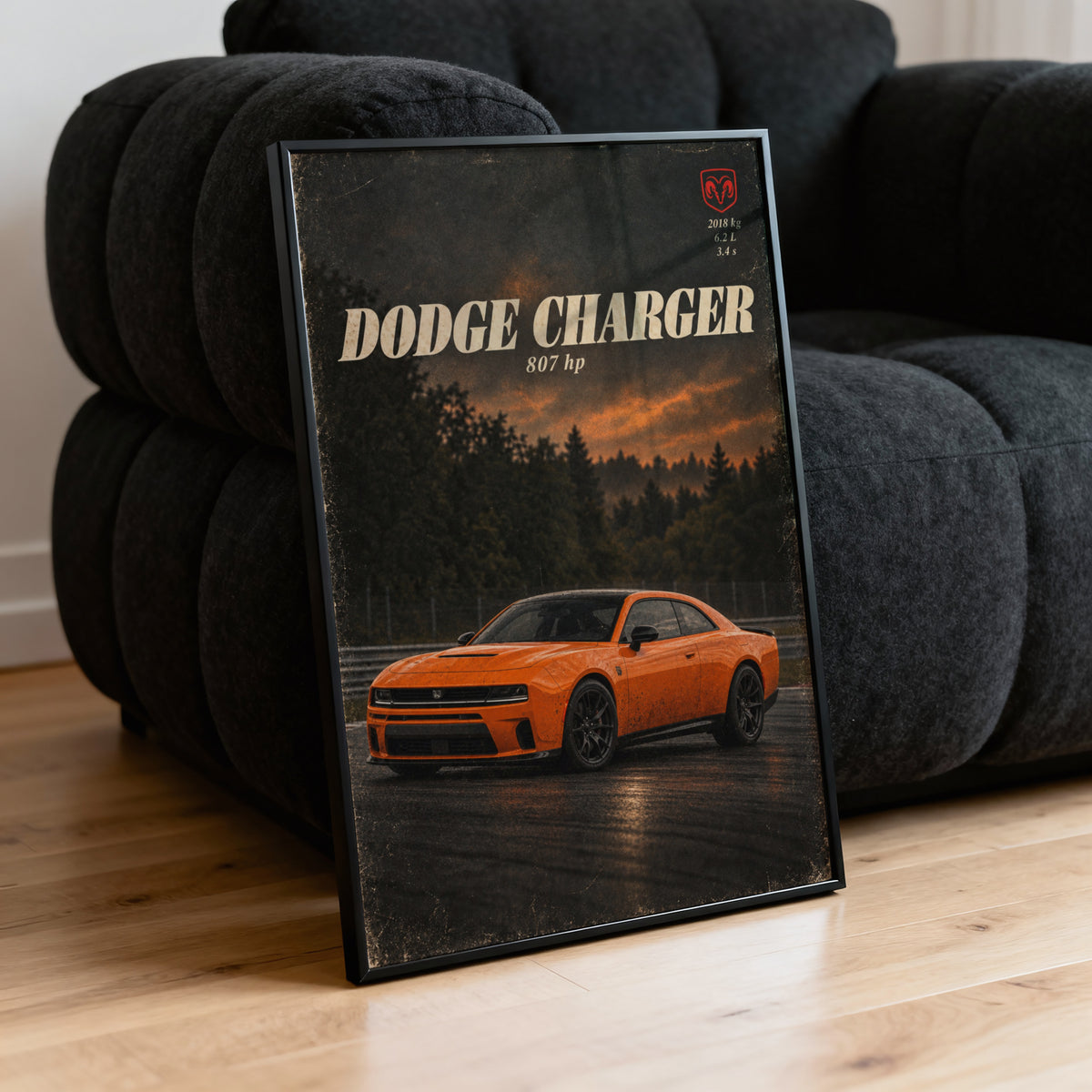 Vintage Dodge Charger Print, Orange Muscle Car Art