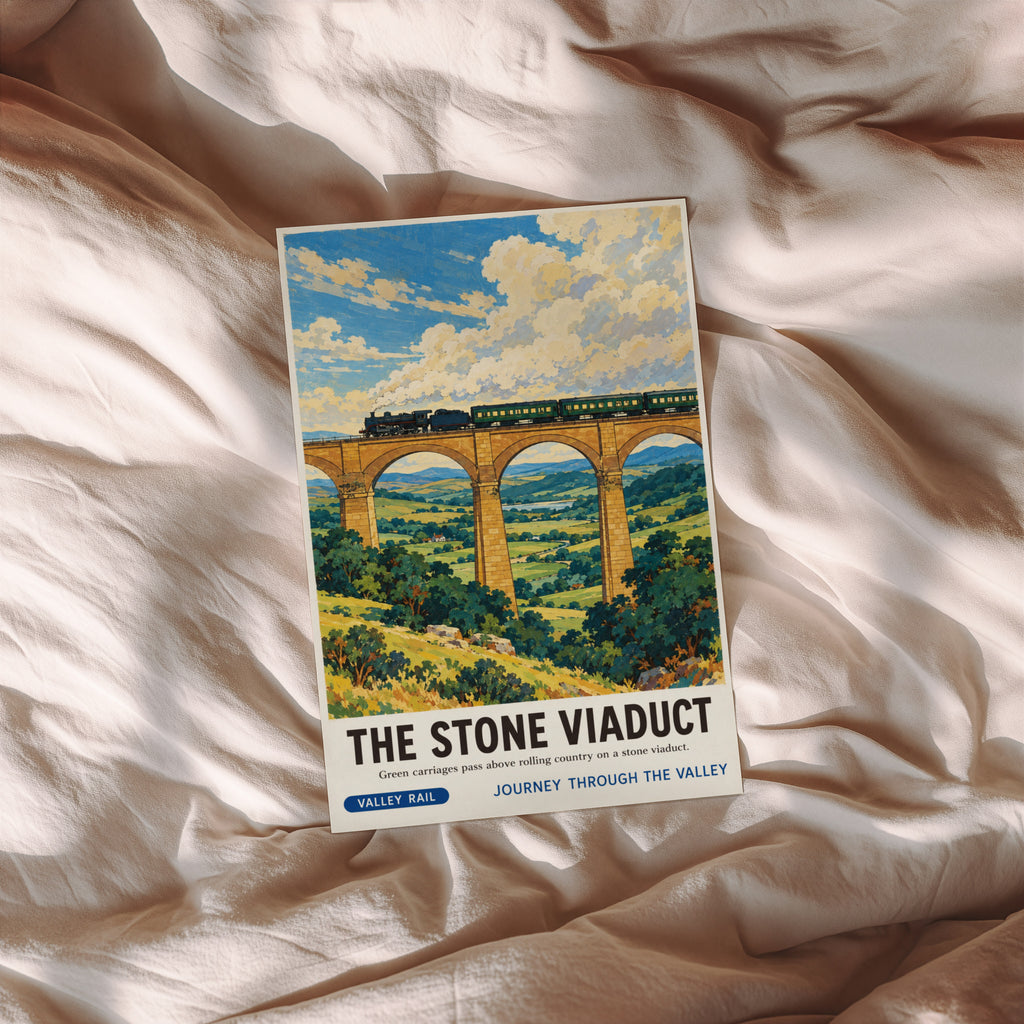 Vintage Steam Train Print Poster, Stone Viaduct Wall Art