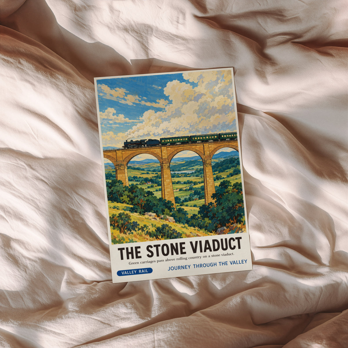 Vintage Steam Train Print Poster, Stone Viaduct Wall Art