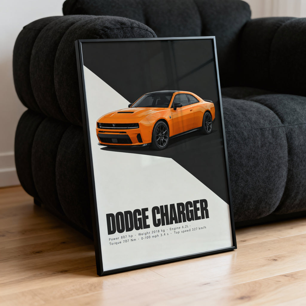 Vintage Dodge Charger Print, Orange Muscle Car Art