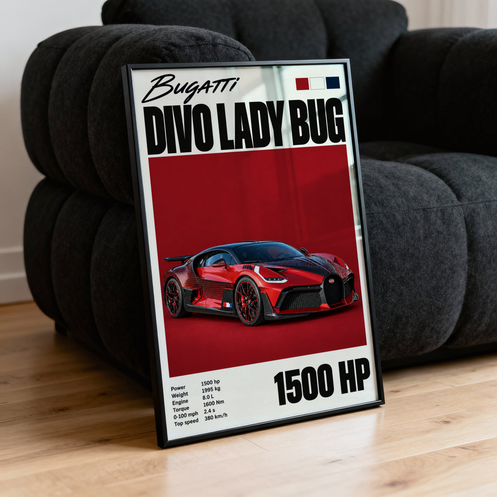 Vintage Print, Bugatti Divo Lady Bug Car Wall Art