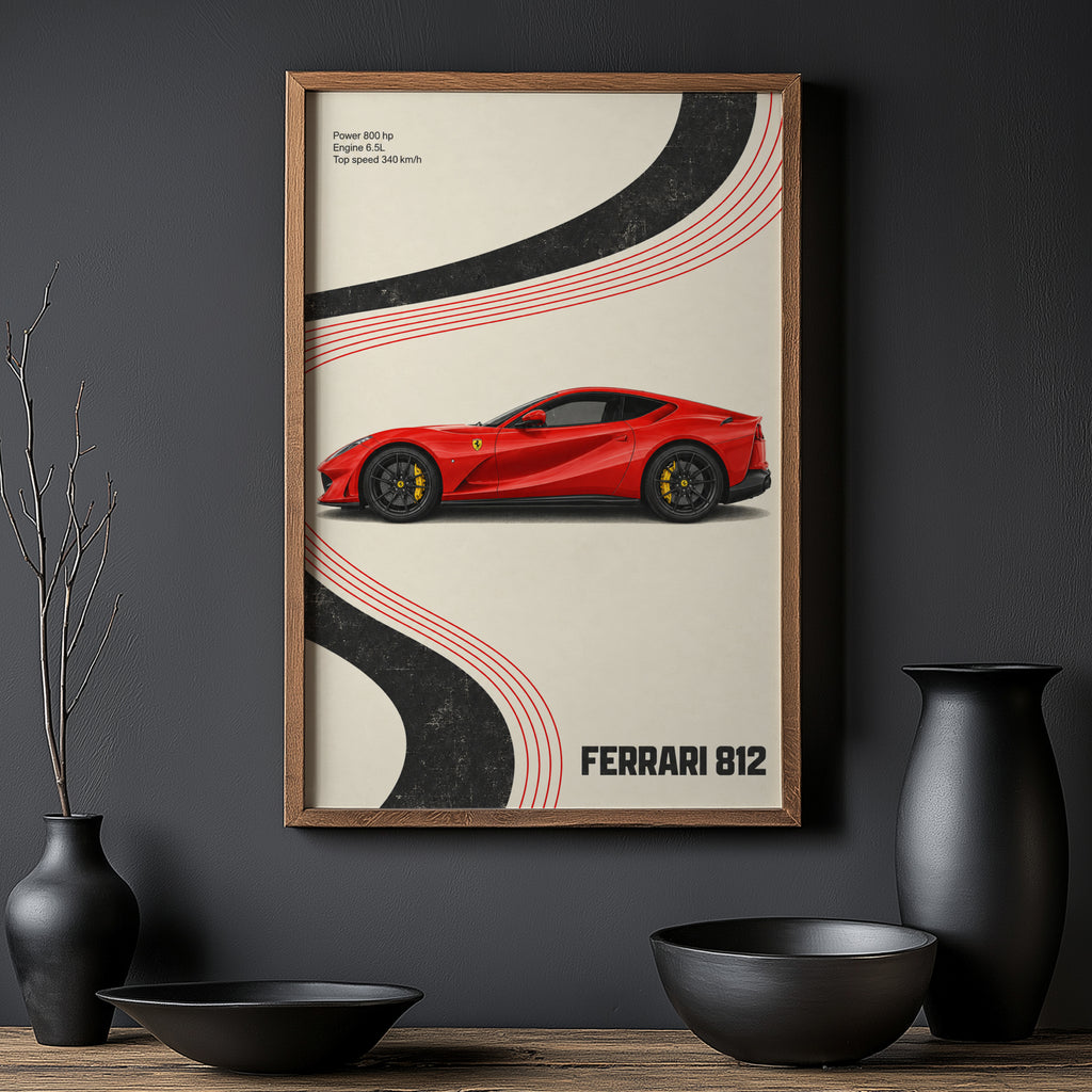 Vintage Ferrari 812 Print, Red Supercar Wall Art