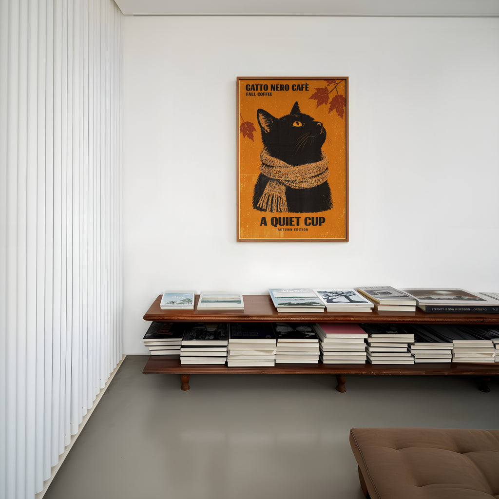 Vintage Black Cat Coffee Print, Autumn Poster