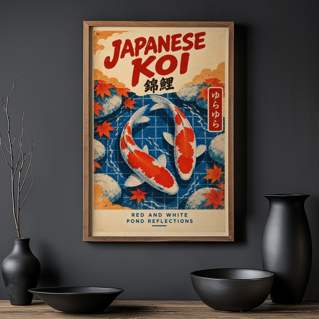 Vintage Japanese Koi Print, Koi Fish Poster, Maple Leaves