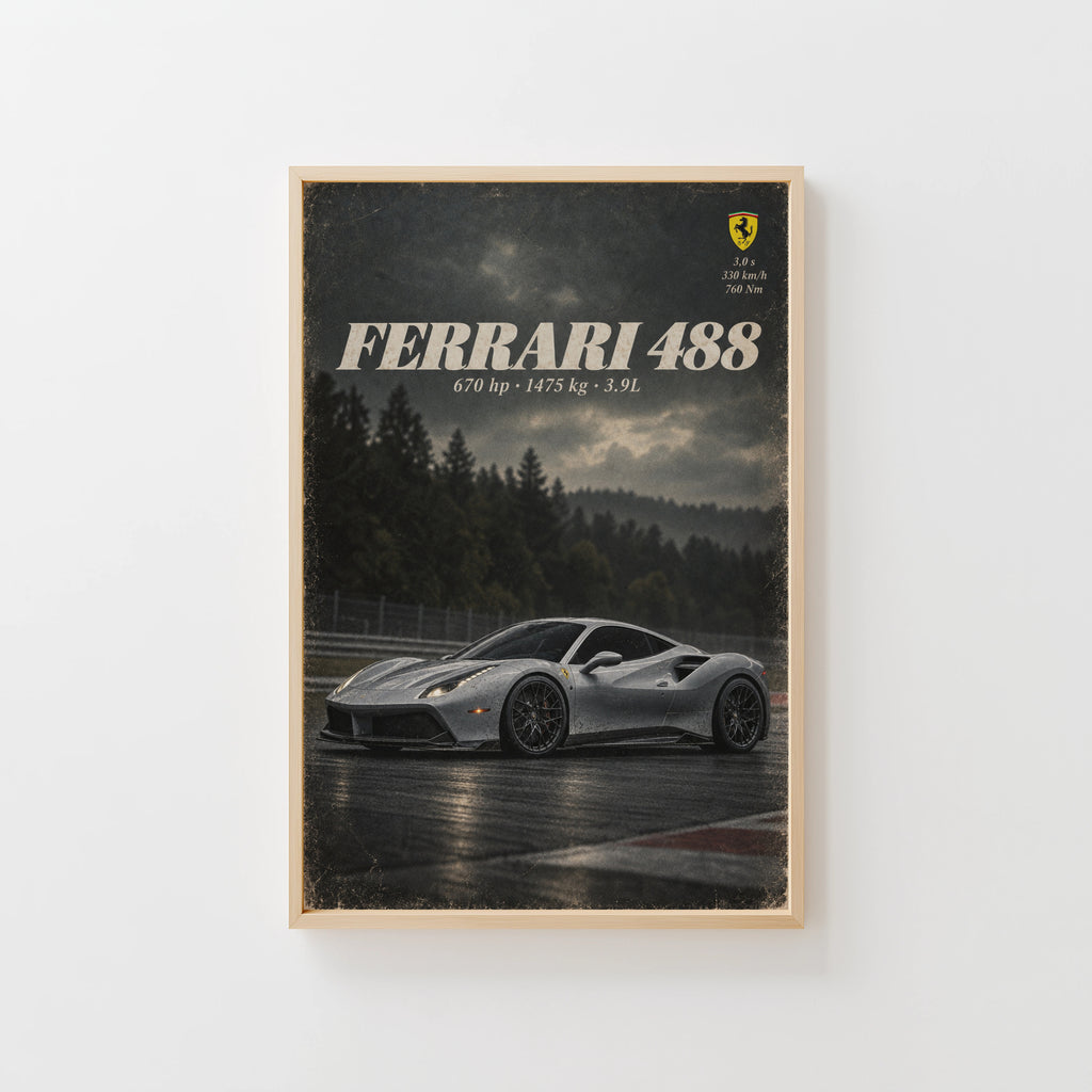 Vintage Ferrari 488 Print, Car Poster, Supercar Wall Art