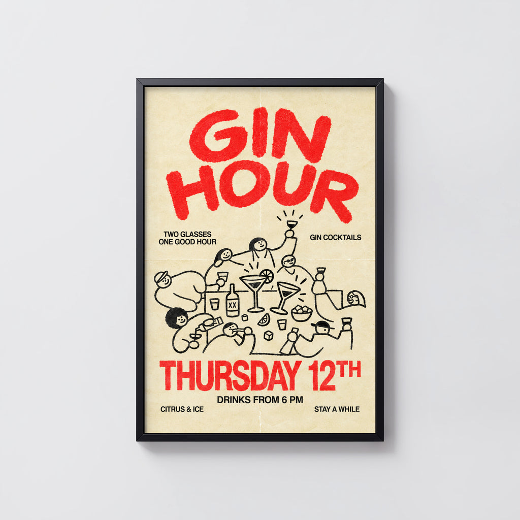 Vintage Gin Hour Print Poster, Cocktail Wall Art