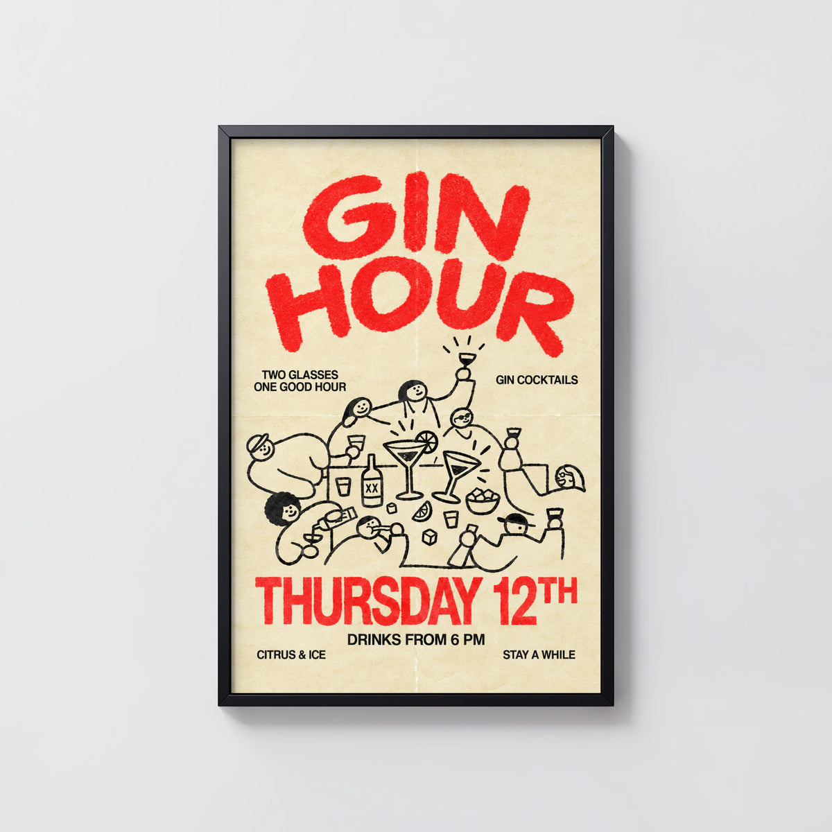 Vintage Gin Hour Print Poster, Cocktail Wall Art