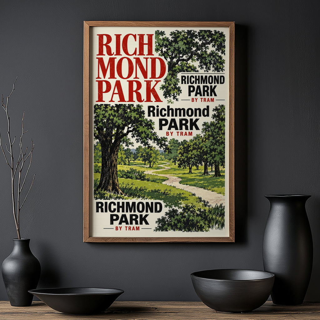 Vintage Richmond Park Poster, England Wall Art, Tram Print