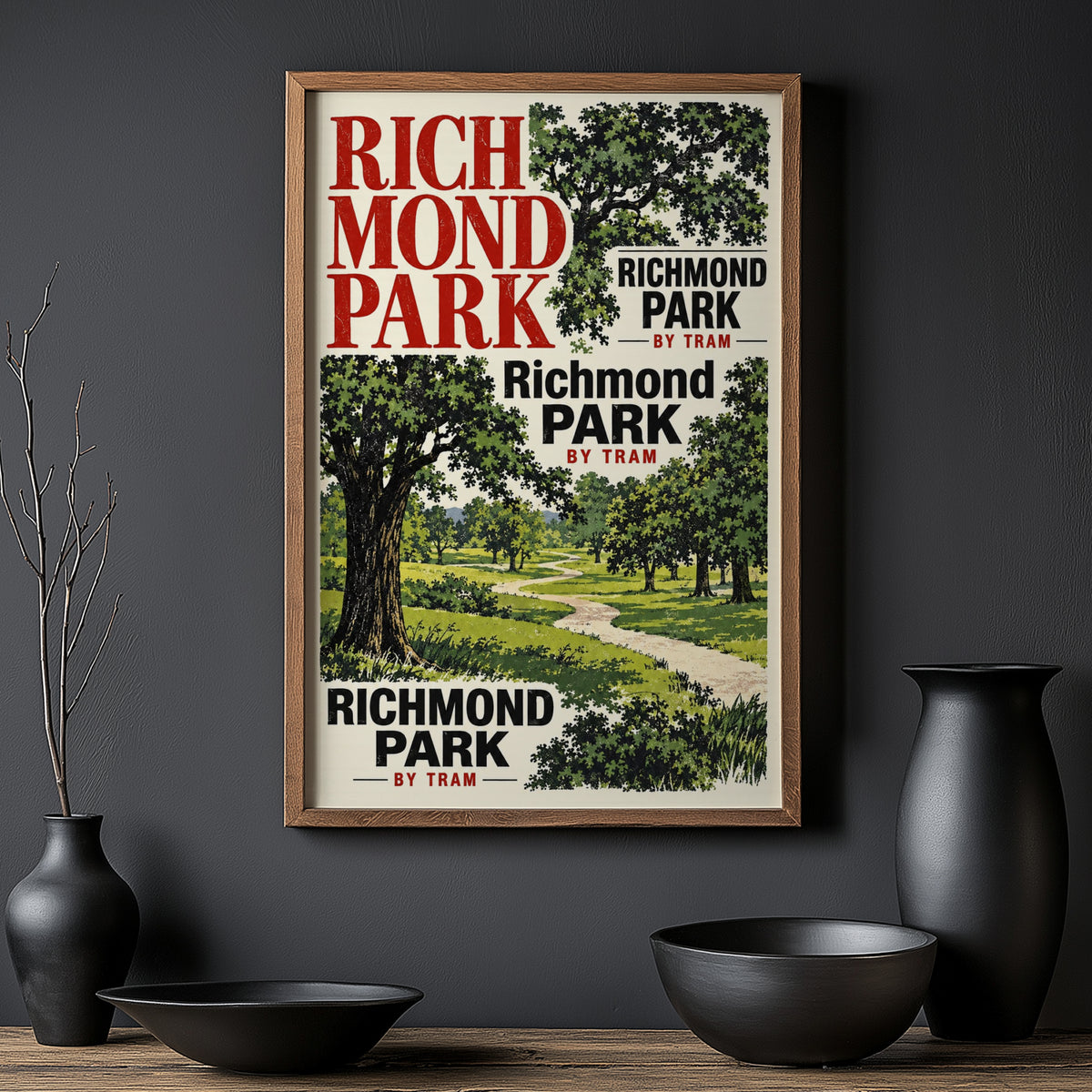 Vintage Richmond Park Poster, England Wall Art, Tram Print