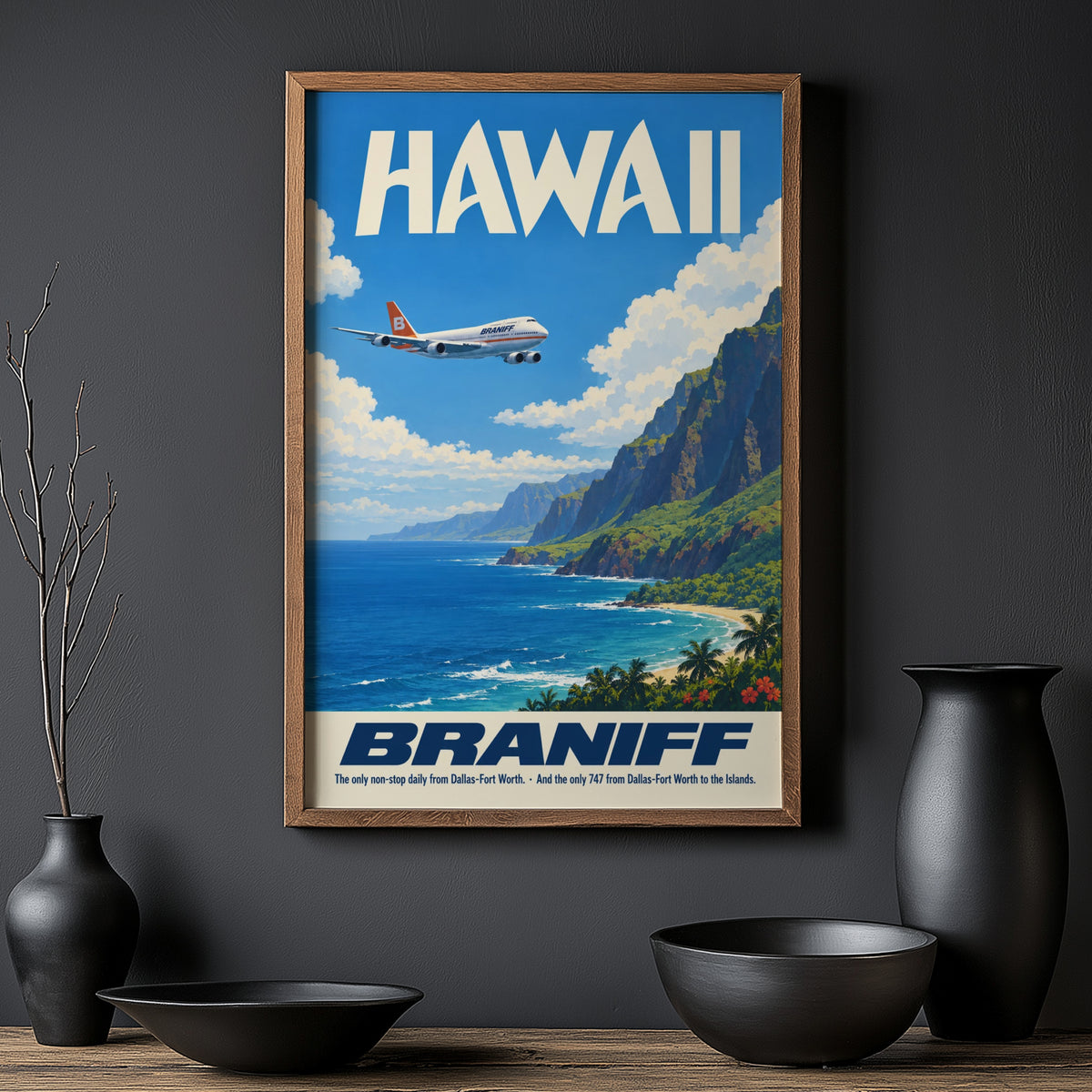 Vintage Hawaii Poster, Braniff 747 Wall Art, Airline Print