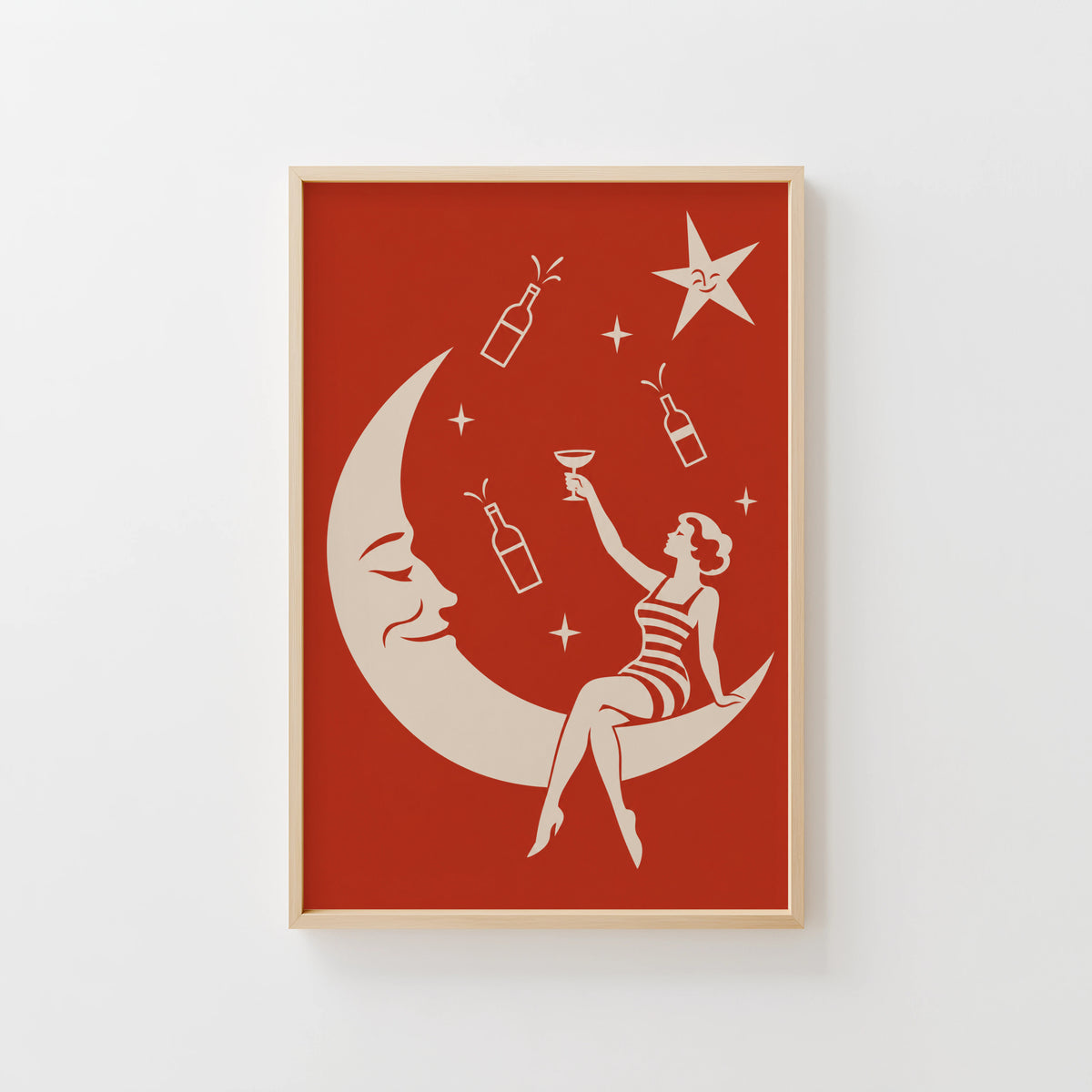 Vintage Wine Print Poster, Moon Lady Cocktail Art