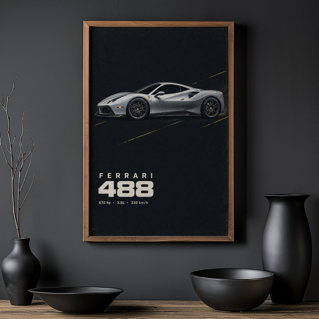 Vintage Ferrari 488 Print, Car Poster, Supercar Wall Art