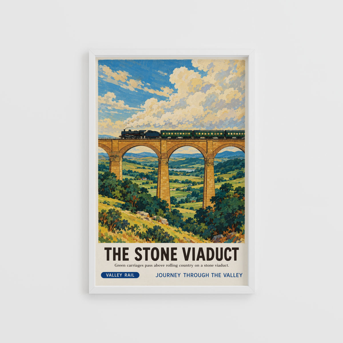 Vintage Steam Train Print Poster, Stone Viaduct Wall Art