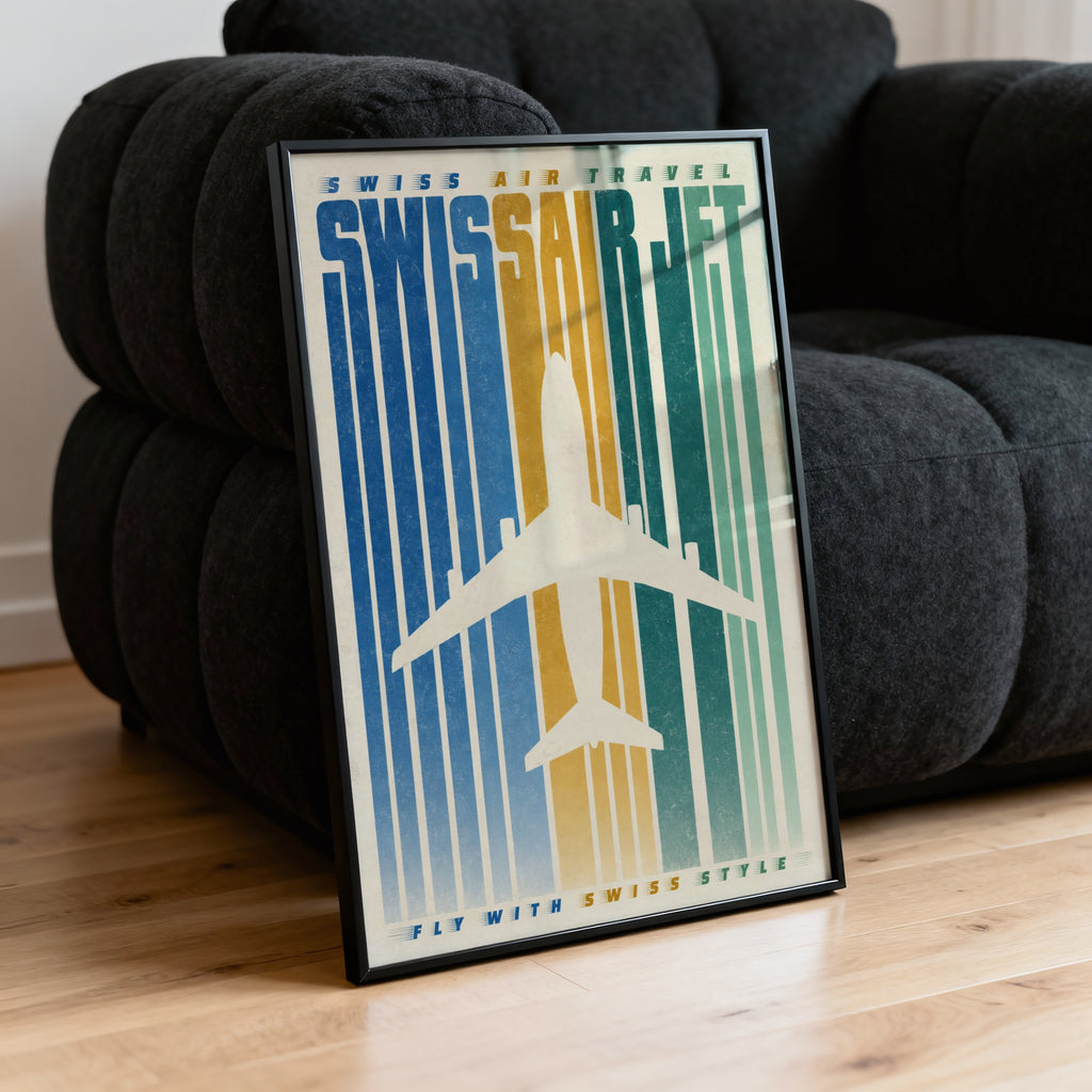 Vintage Swissair Jet Poster, Retro Aviation Wall Art, Print