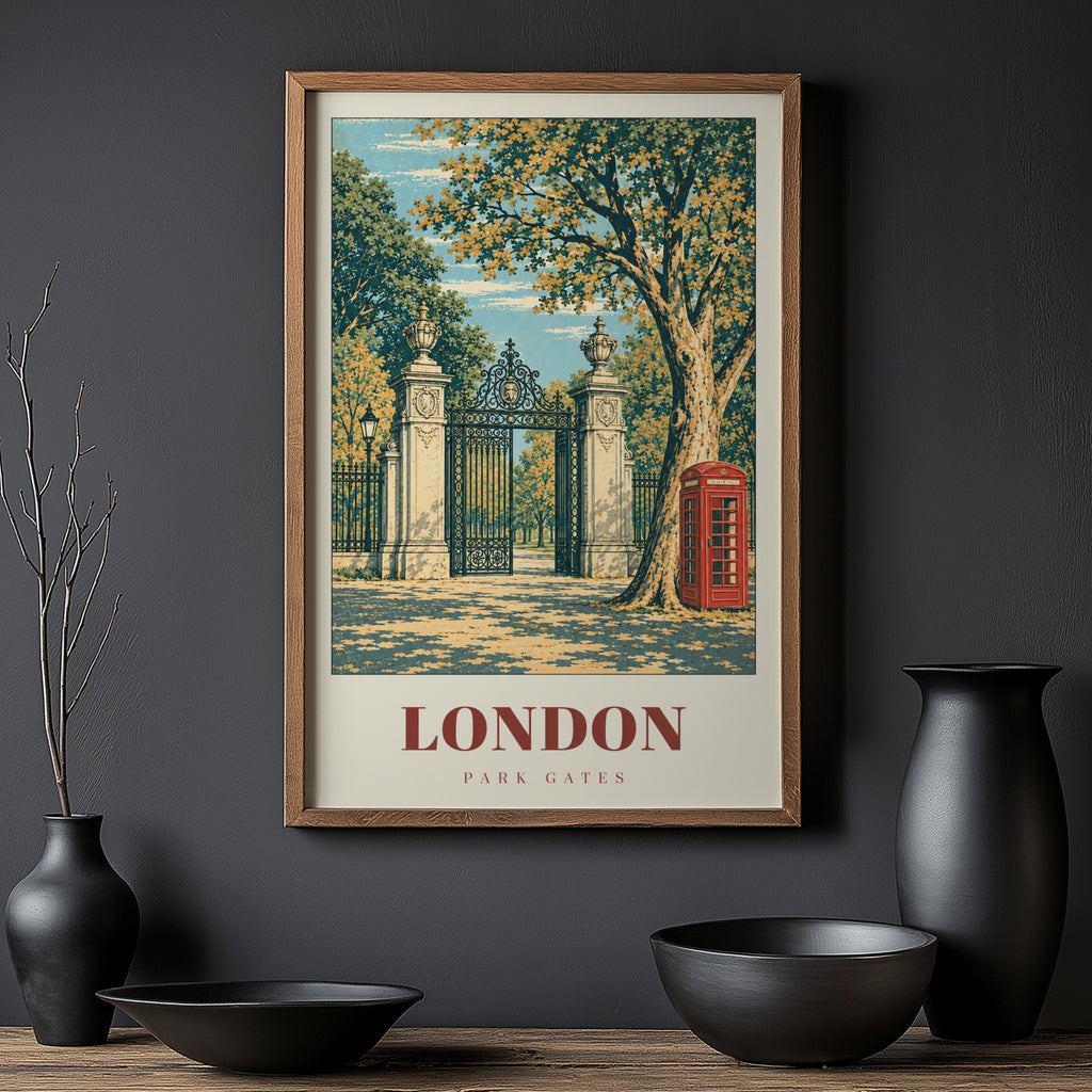 Vintage London Park Gates Poster, Red Phone Box Print