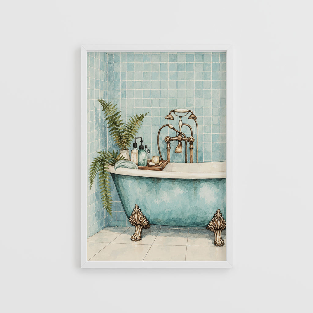 Vintage Clawfoot Bath Print and Poster, Aqua Bathroom Art