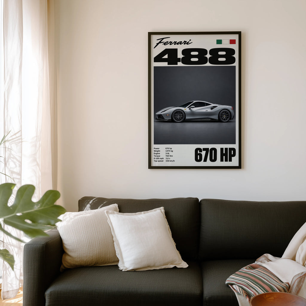 Vintage Ferrari 488 Print, Supercar Wall Art