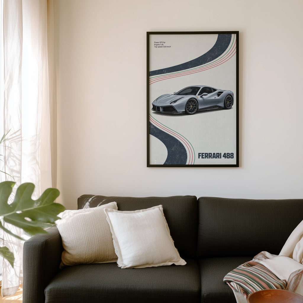 Vintage Ferrari 488 Print, Supercar Poster, Wall Art