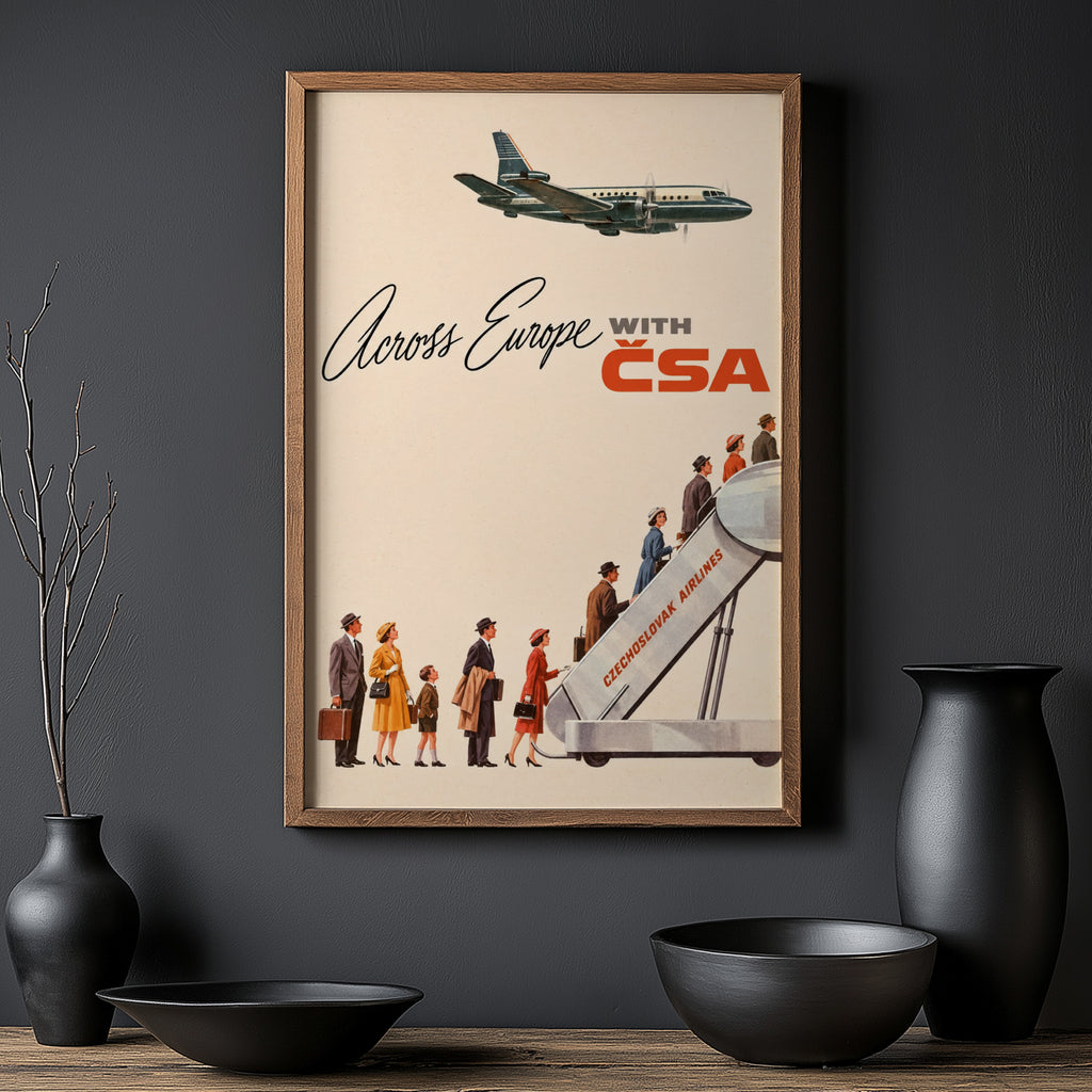 Vintage Czechoslovak Airlines Poster, Retro Travel Wall Art