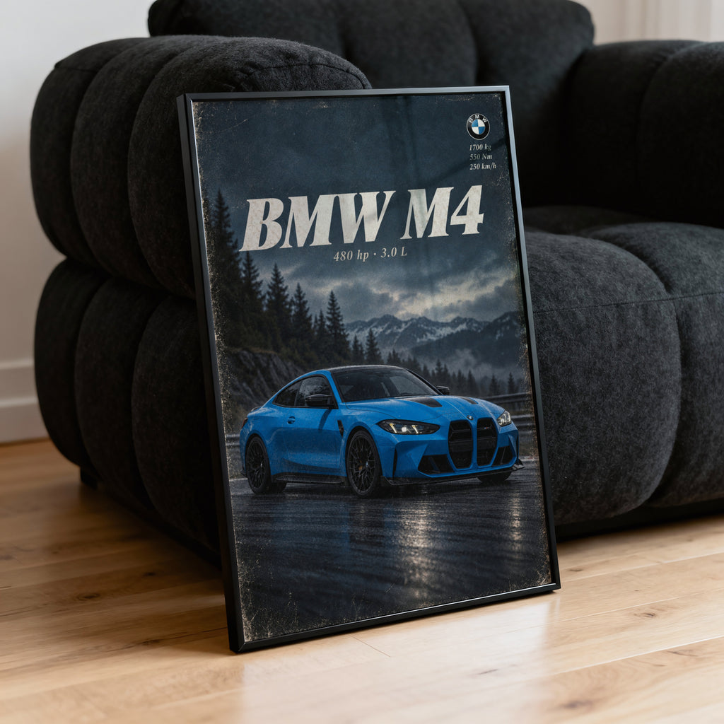 Vintage BMW M4 Print, Blue Coupe Car Wall Art