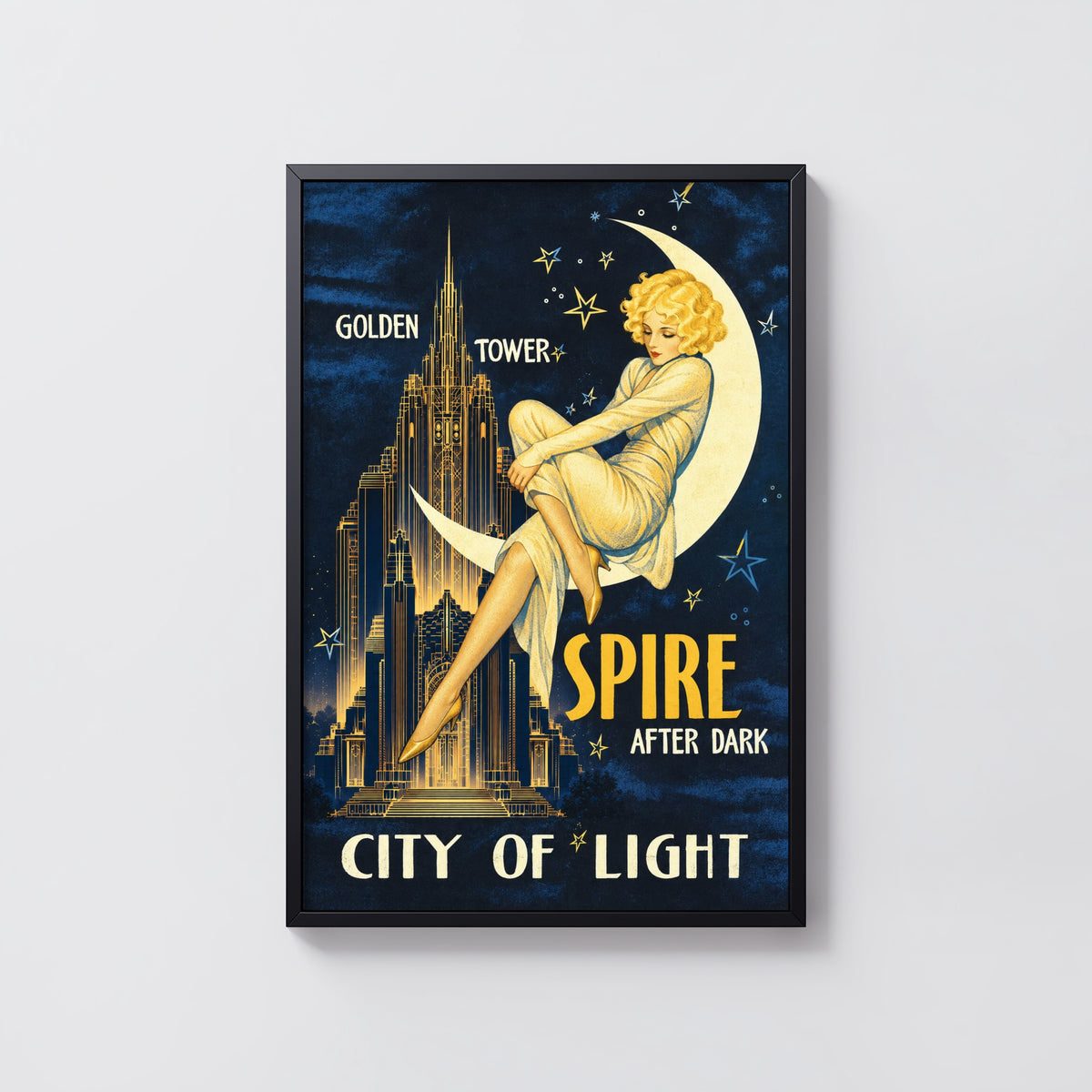 Vintage Art Deco Moon Lady Poster, Night City Wall Art Print