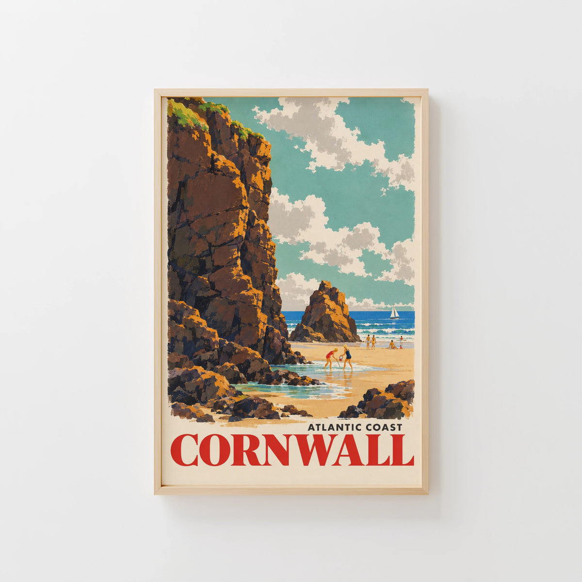 Vintage Cornwall Poster, Coastal Wall Art, Beach Print