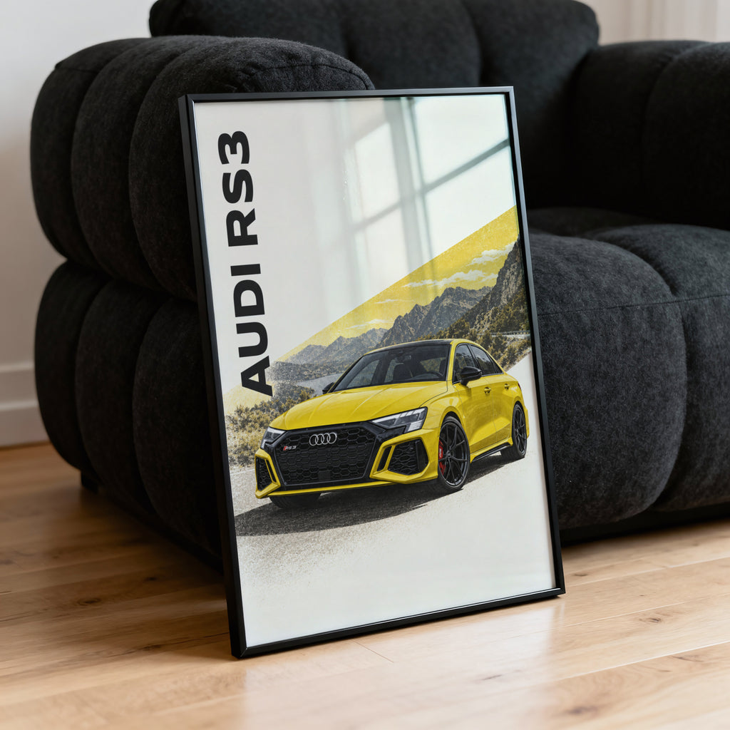 Vintage Audi RS3 Print, Yellow Car Wall Art