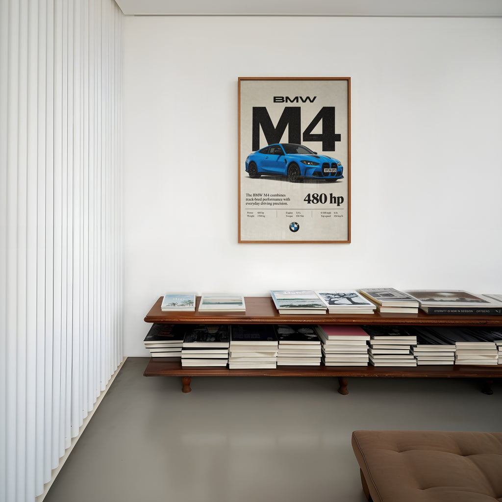 Vintage BMW M4 Print, Blue Coupe Wall Art