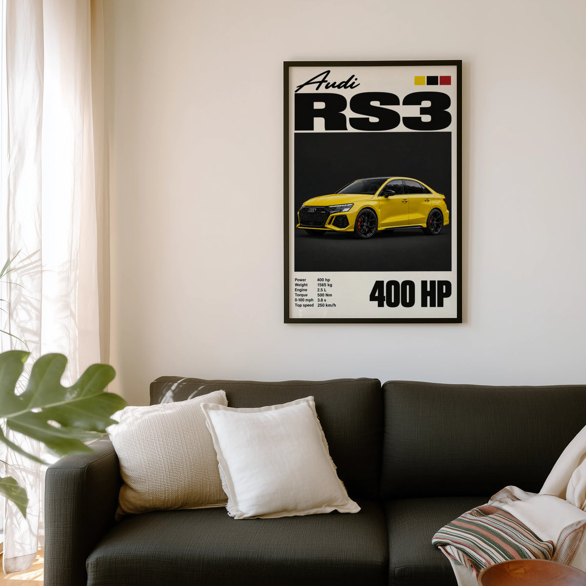Vintage Audi RS3 Print, Yellow Car Wall Art