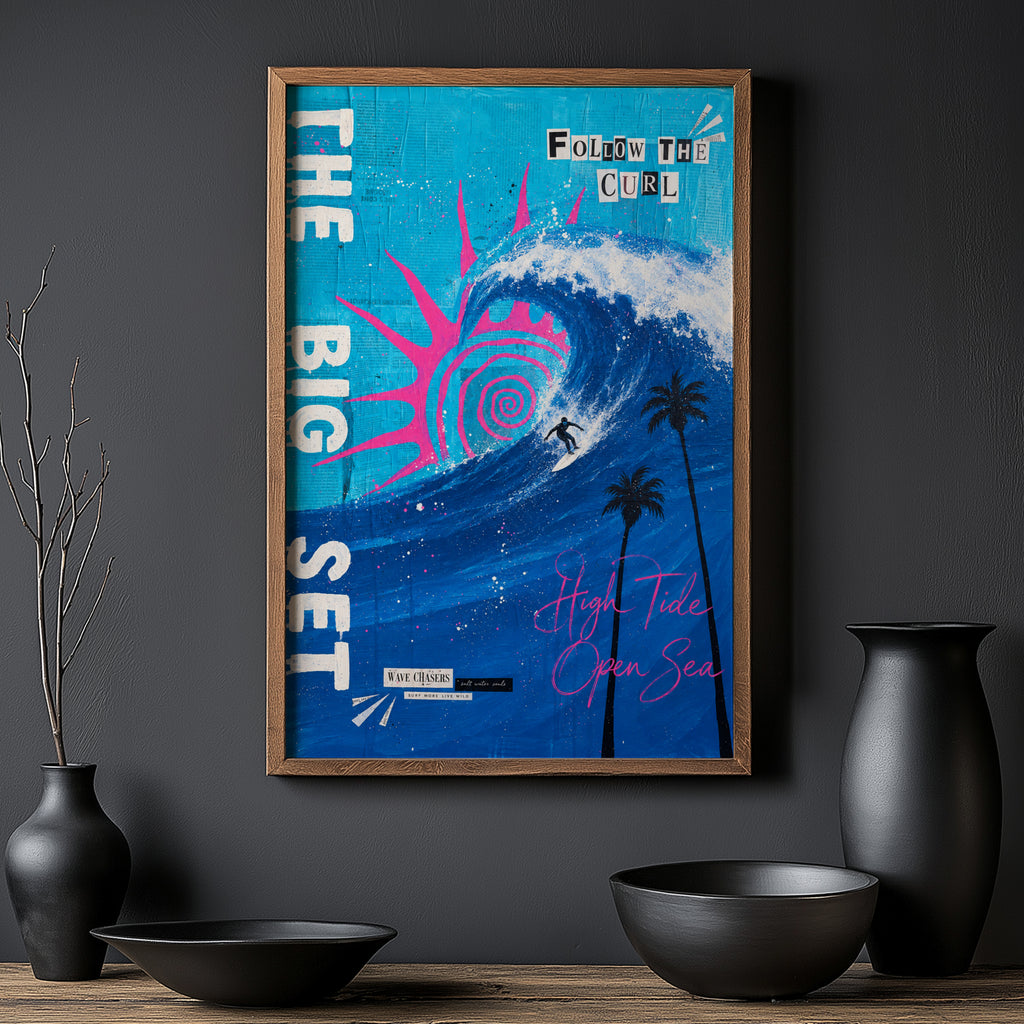 Vintage Surf Print Poster, Big Wave Wall Art, Palm Trees