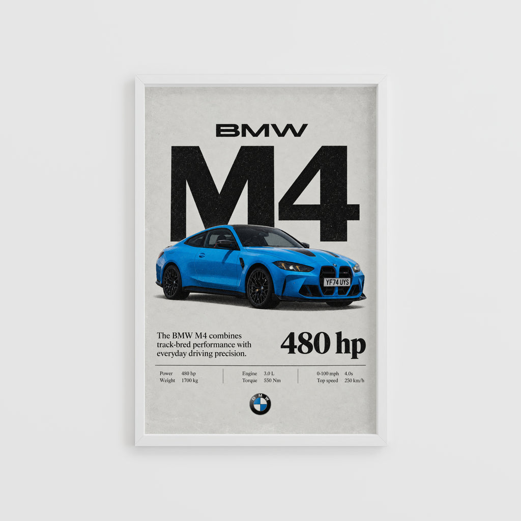 Vintage BMW M4 Print, Blue Coupe Wall Art